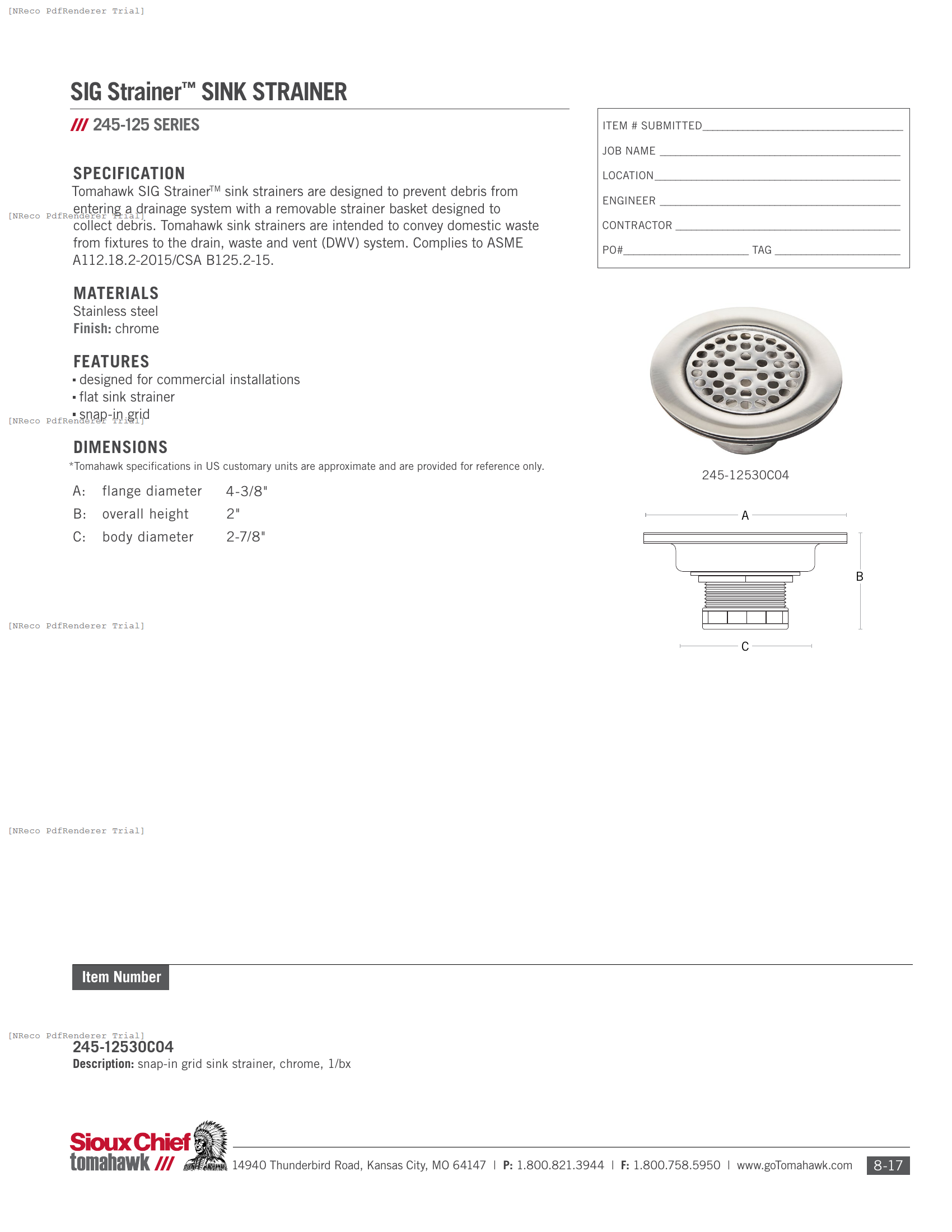 245-12530C04 - SIG STRAINER SINK STRAINER - SPEC SHEET.PDF Specification Document